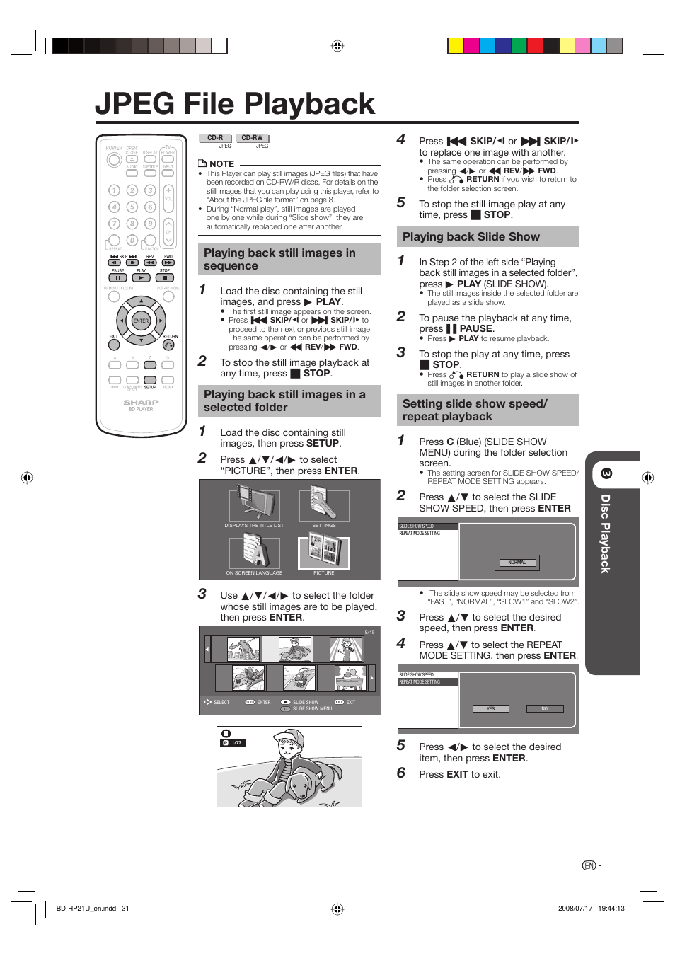 Jpeg file playback, Disc playback, Playing back still images in sequence | Playing back still images in a selected folder, Playing back slide show, Setting slide show speed/ repeat playback | Sharp BD-HP21U User Manual | Page 33 / 51