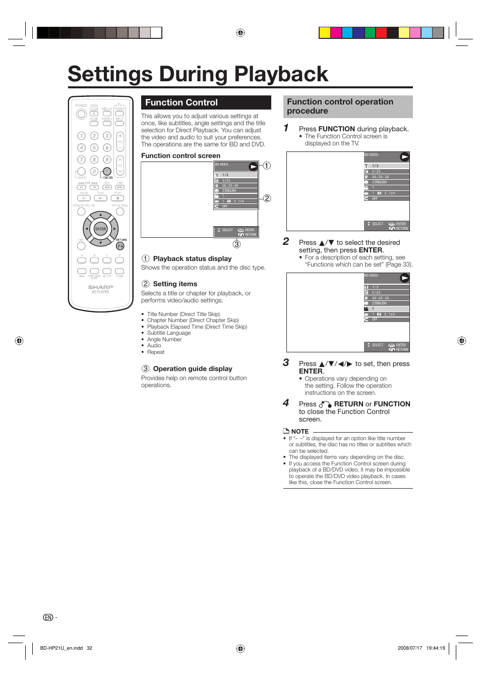 Settings during playback, Function control, Function control operation procedure | Sharp BD-HP21U User Manual | Page 34 / 51