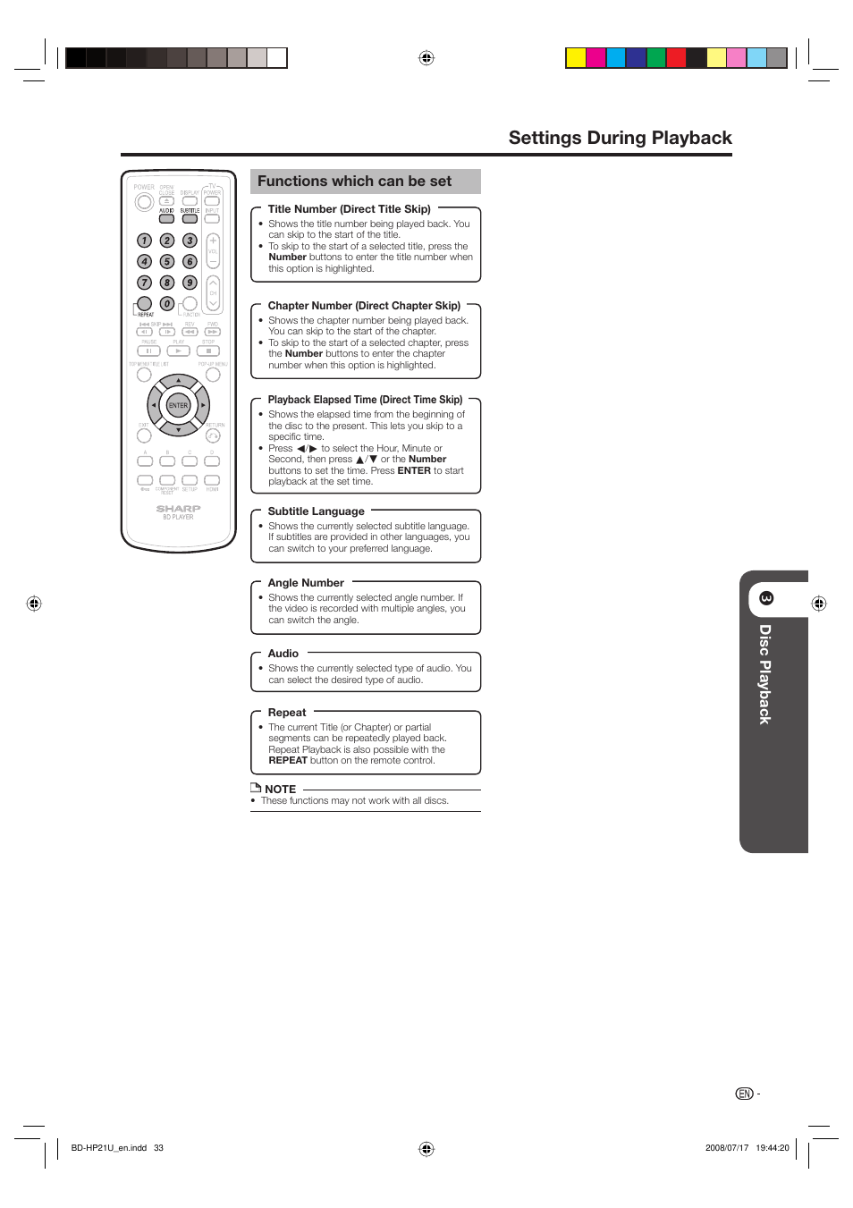 Settings during playback, Disc playback, Functions which can be set | Sharp BD-HP21U User Manual | Page 35 / 51