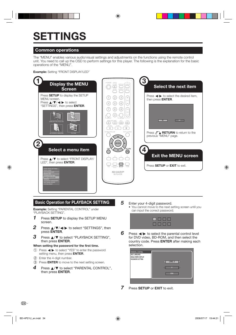 Settings, Common operations, Basic operation for playback setting | Display the menu screen, Select a menu item, Select the next item, Exit the menu screen | Sharp BD-HP21U User Manual | Page 36 / 51