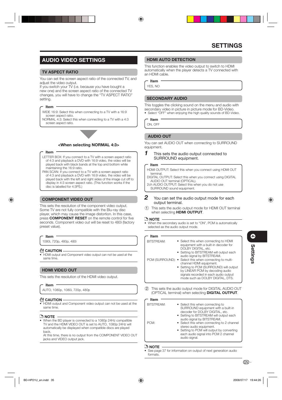 Audio video settings, Settings | Sharp BD-HP21U User Manual | Page 37 / 51