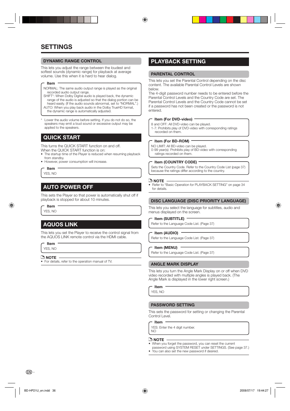 Settings, Quick start, Auto power off | Aquos link, Playback setting | Sharp BD-HP21U User Manual | Page 38 / 51