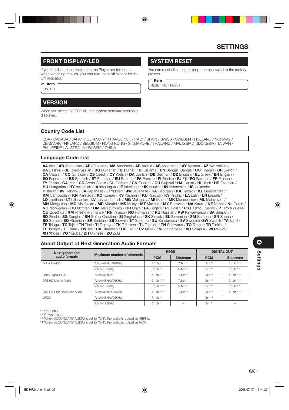 Front display/led, Version, System reset | Settings, Country code list, Language code list, About output of next generation audio formats | Sharp BD-HP21U User Manual | Page 39 / 51