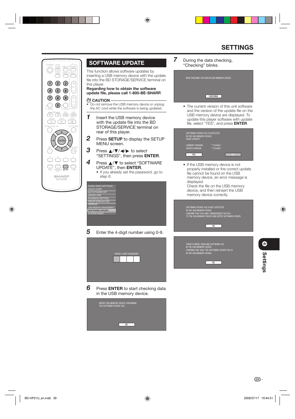 Software update, Settings | Sharp BD-HP21U User Manual | Page 41 / 51