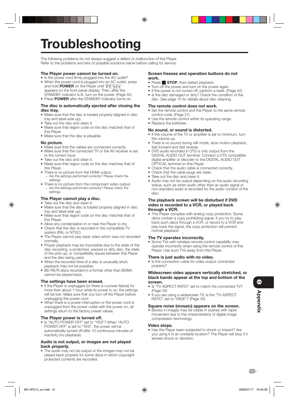 Troubleshooting | Sharp BD-HP21U User Manual | Page 43 / 51