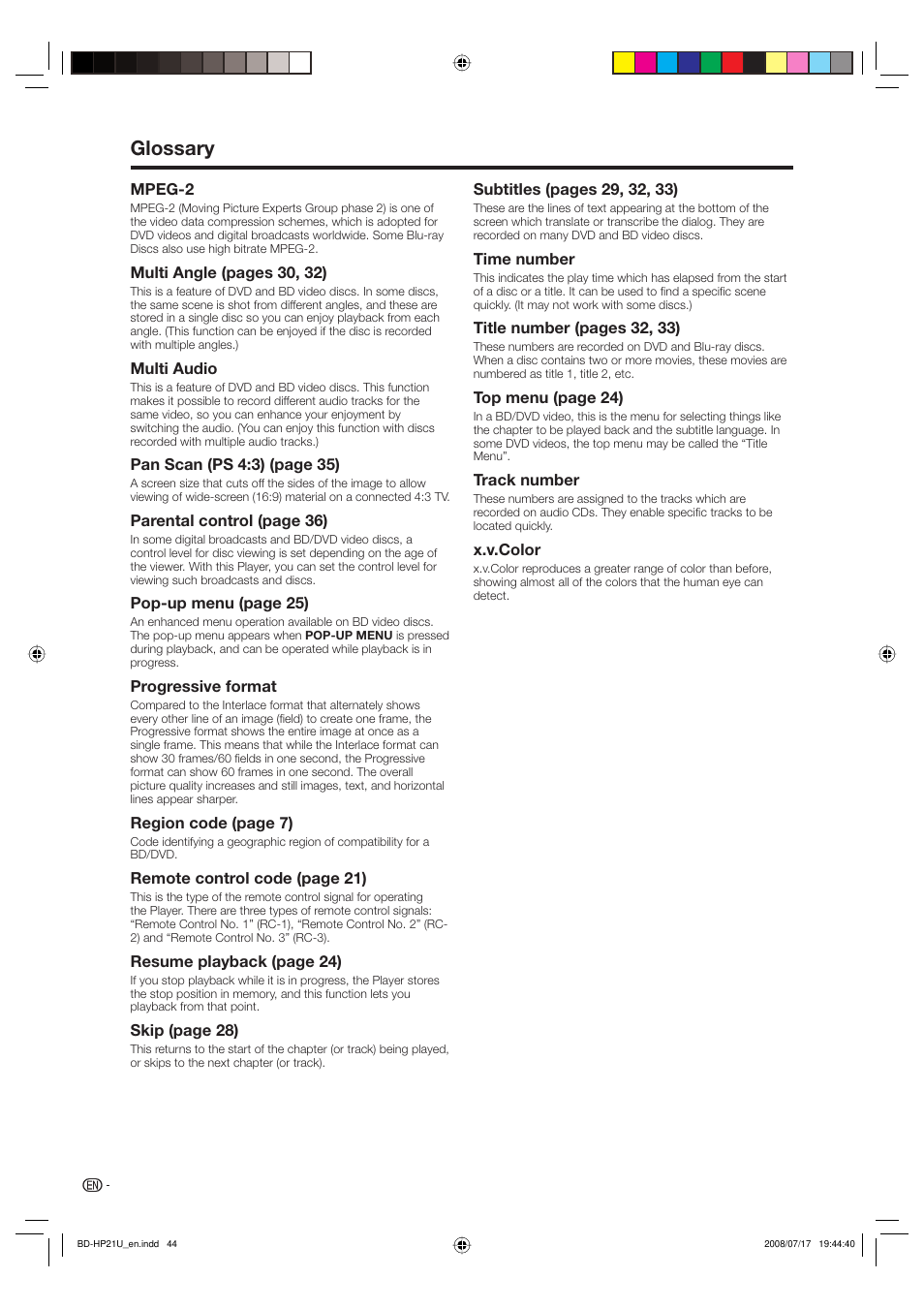 Glossary | Sharp BD-HP21U User Manual | Page 46 / 51