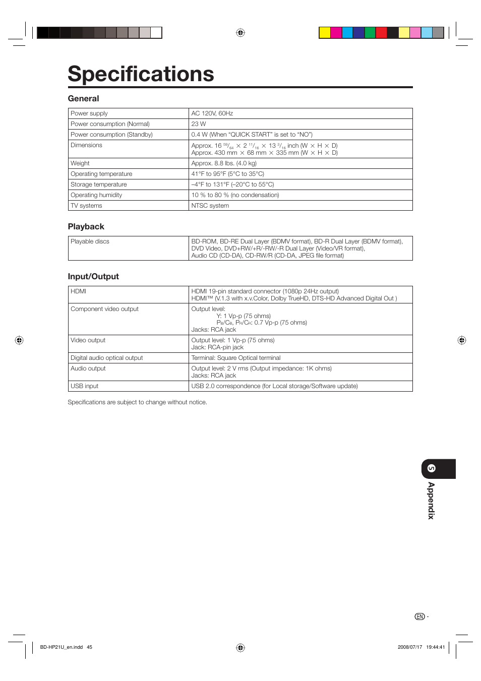 Specifications, Appendix, General | Playback, Input/output | Sharp BD-HP21U User Manual | Page 47 / 51