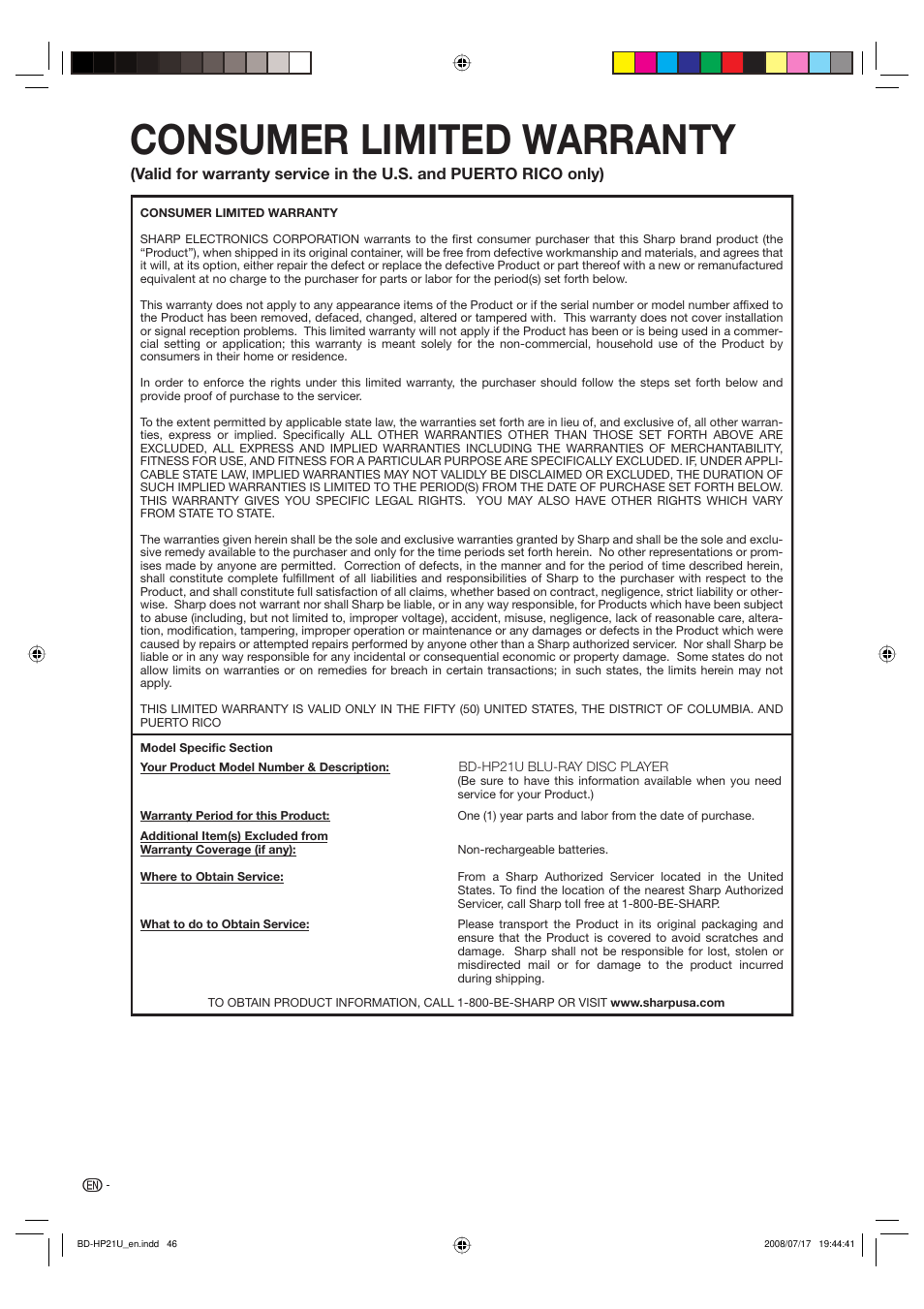 Consumer limited warranty | Sharp BD-HP21U User Manual | Page 48 / 51