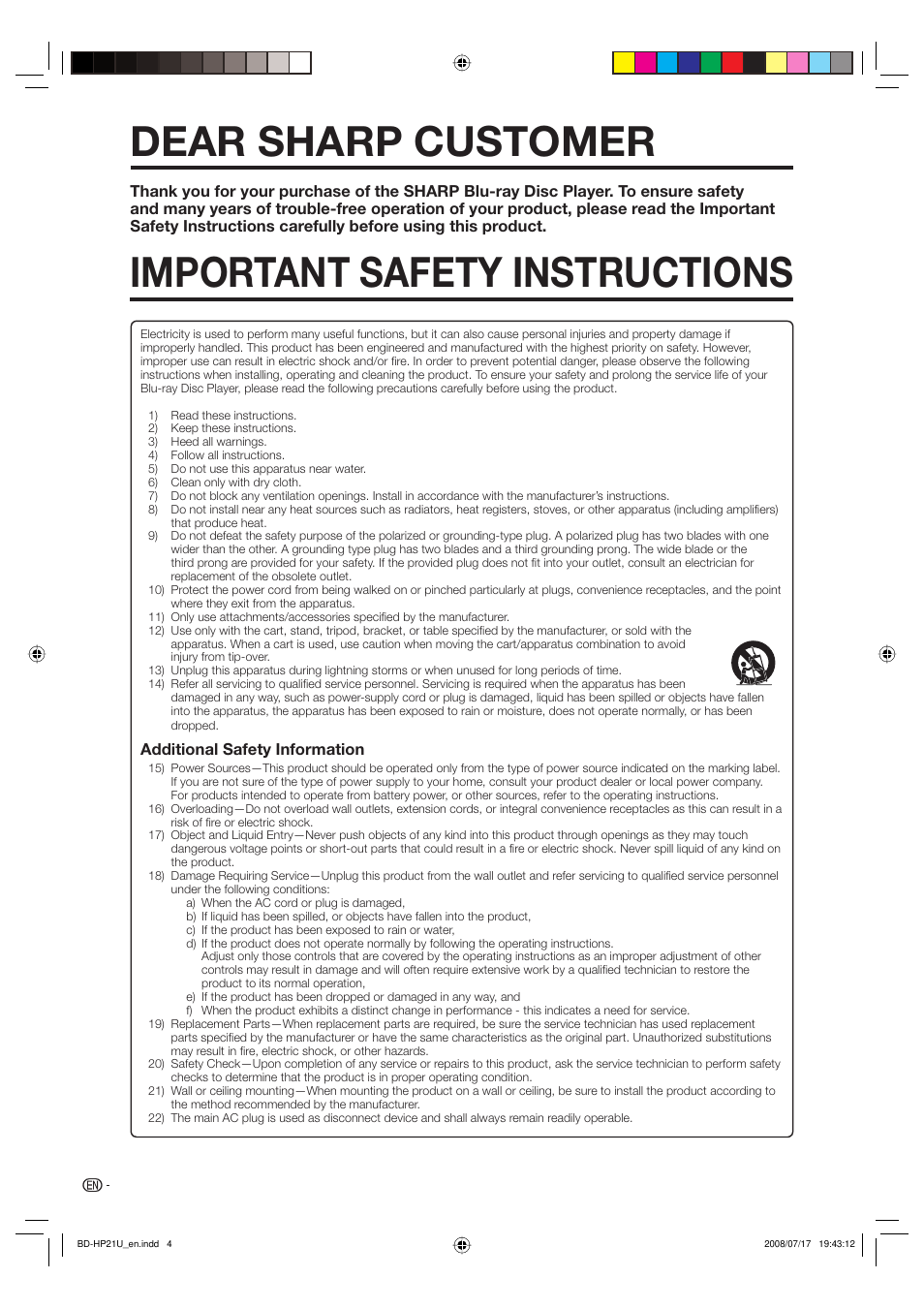 Dear sharp customer, Important safety instructions | Sharp BD-HP21U User Manual | Page 6 / 51