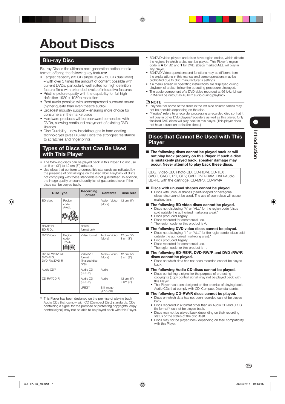 About discs, Blu-ray disc, Types of discs that can be used with this player | Discs that cannot be used with this player, Intr oduction | Sharp BD-HP21U User Manual | Page 9 / 51