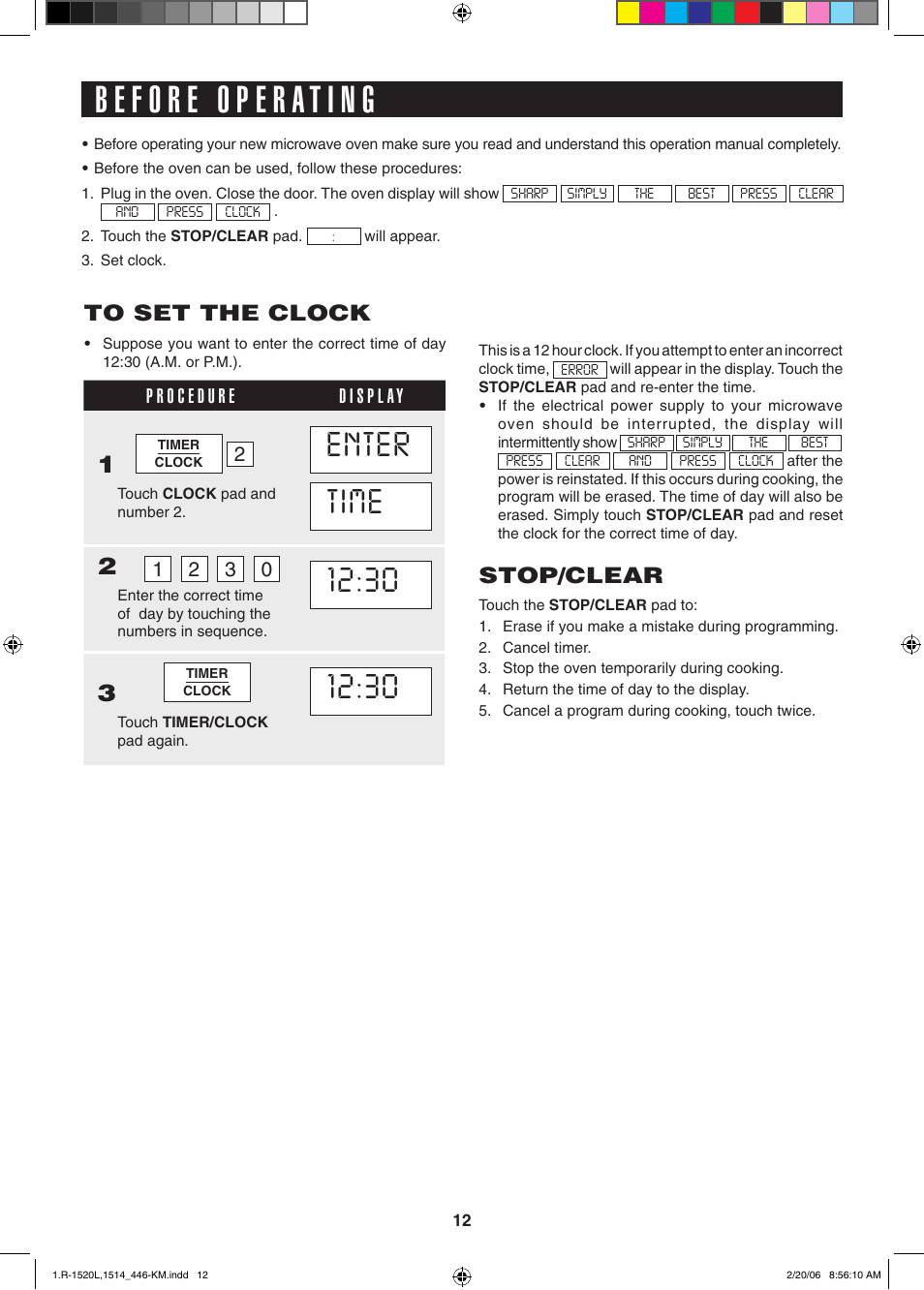 Enter, Time, Stop/clear | Sharp R-1520L User Manual | Page 12 / 32