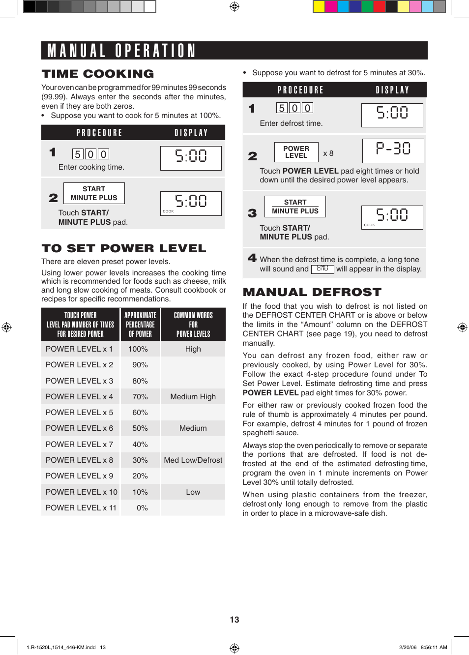 P-30, Manual defrost, Time cooking | Sharp R-1520L User Manual | Page 13 / 32