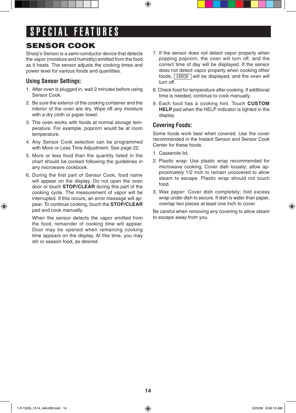 Sensor cook | Sharp R-1520L User Manual | Page 14 / 32