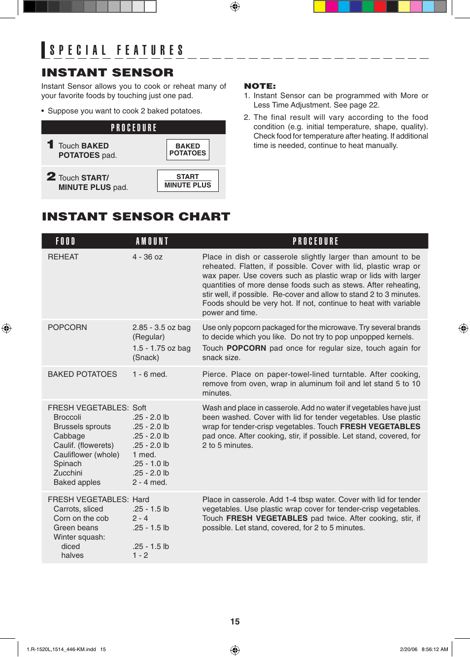 Instant sensor, Instant sensor chart | Sharp R-1520L User Manual | Page 15 / 32