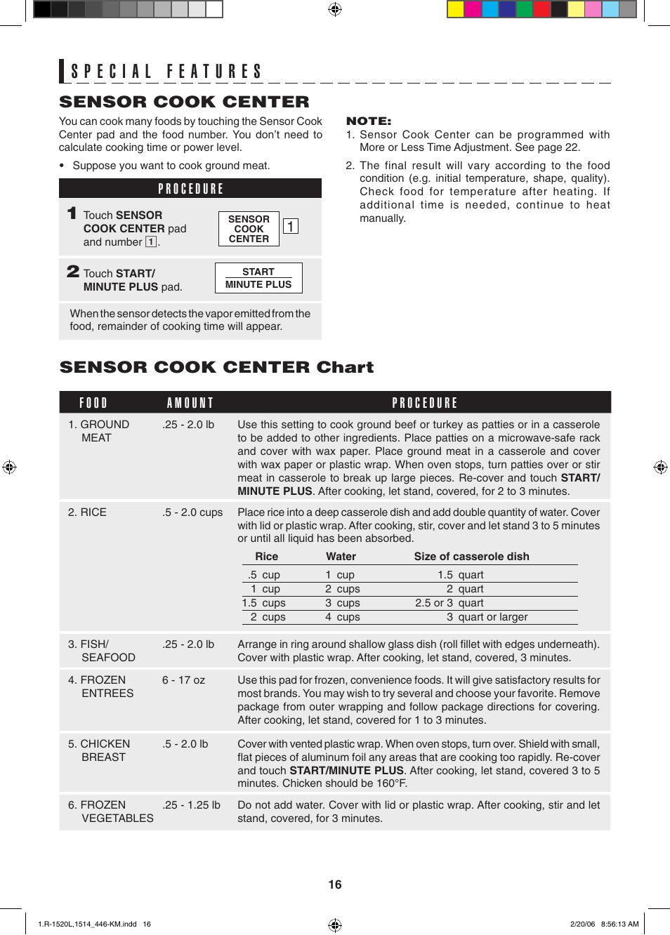 Sensor cook center, Sensor cook center chart | Sharp R-1520L User Manual | Page 16 / 32