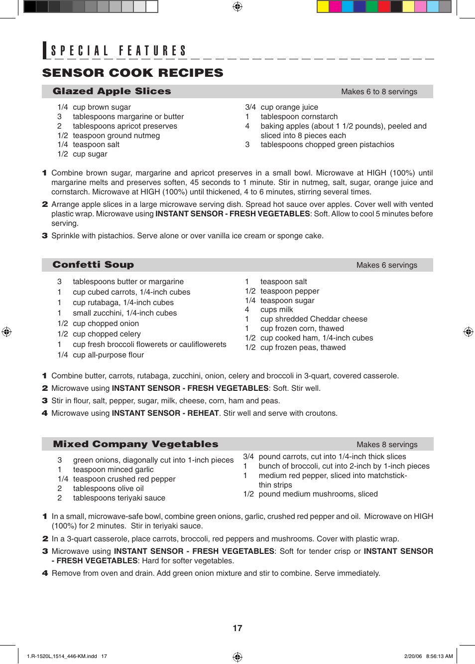 Sensor cook recipes | Sharp R-1520L User Manual | Page 17 / 32