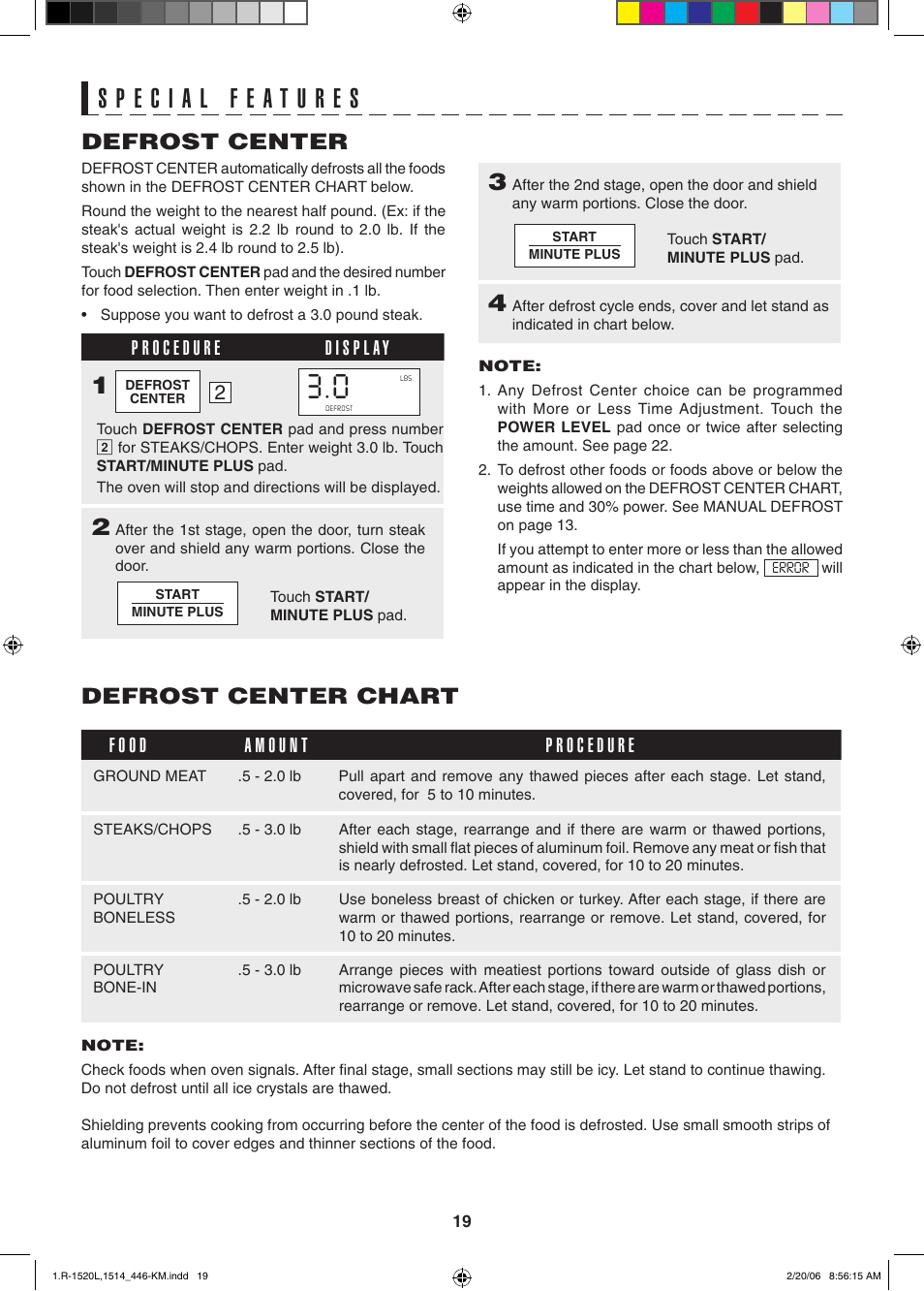 Defrost center, Defrost center chart | Sharp R-1520L User Manual | Page 19 / 32