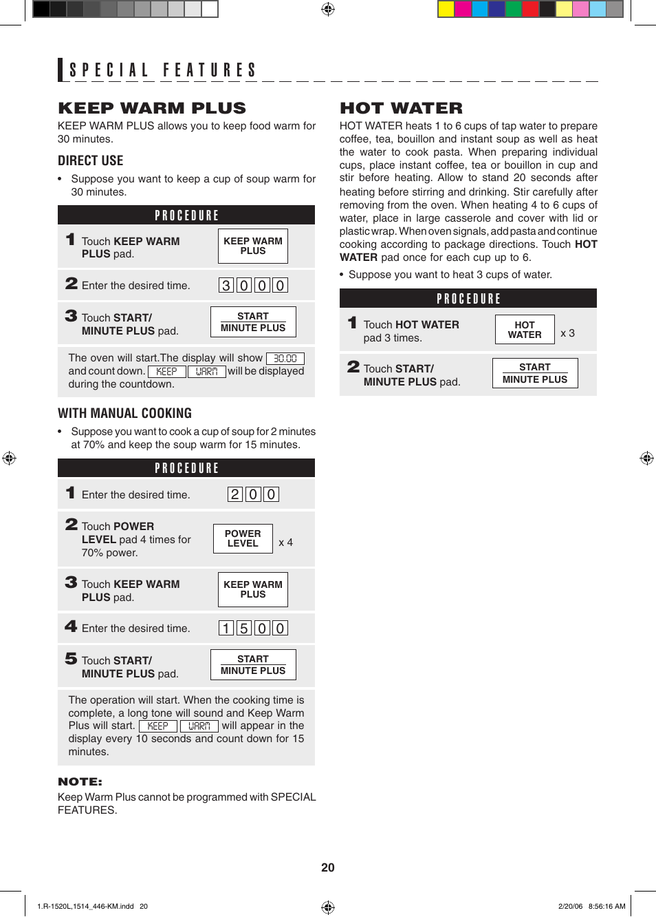 Keep warm plus, Hot water | Sharp R-1520L User Manual | Page 20 / 32