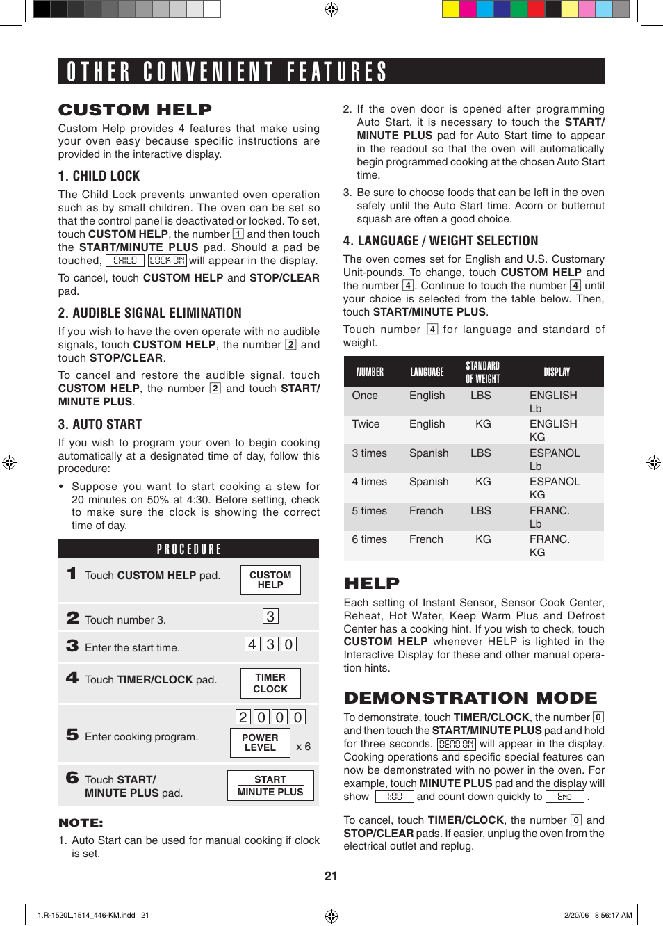 Custom help, Help, Demonstration mode | Sharp R-1520L User Manual | Page 21 / 32