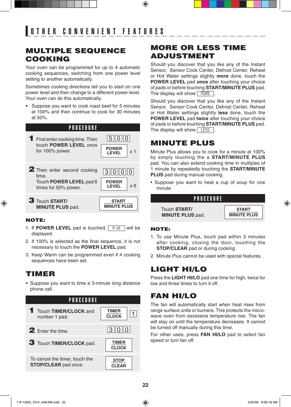 Multiple sequence cooking, Timer, More or less time adjustment | Minute plus, Light hi/lo, Fan hi/lo | Sharp R-1520L User Manual | Page 22 / 32