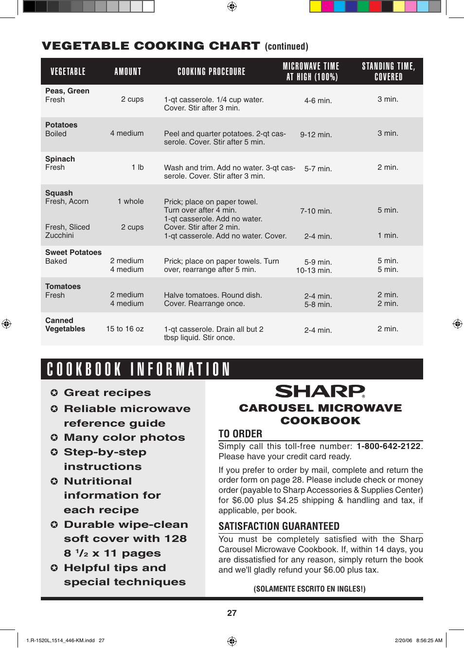 Vegetable cooking chart | Sharp R-1520L User Manual | Page 27 / 32