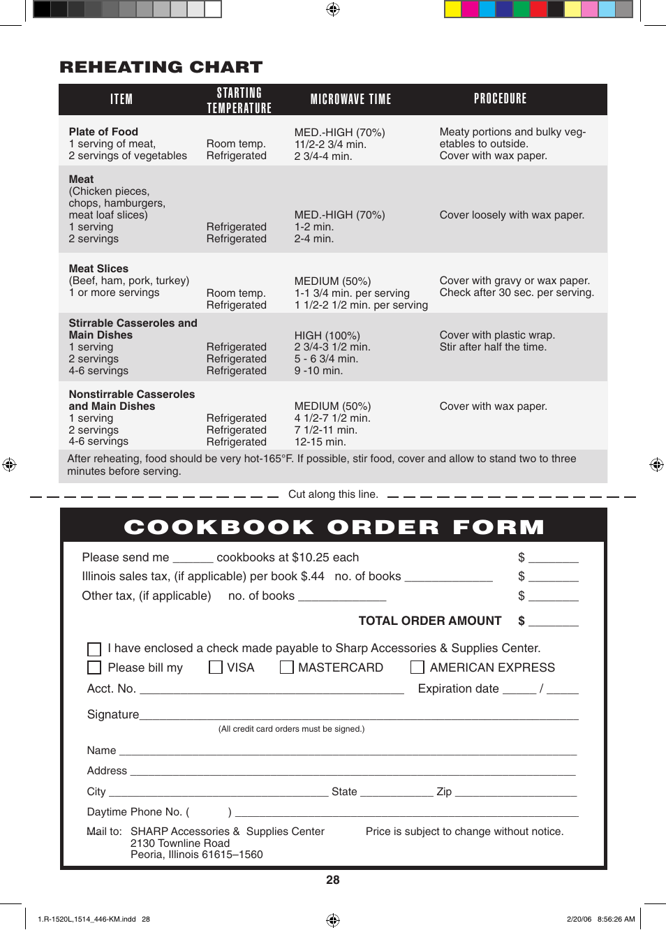 Cookbook order form, Reheating chart, Item starting temperature procedure microwave time | Sharp R-1520L User Manual | Page 28 / 32