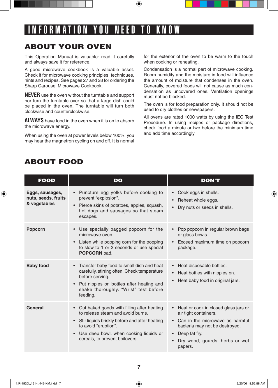 About your oven, About food | Sharp R-1520L User Manual | Page 7 / 32