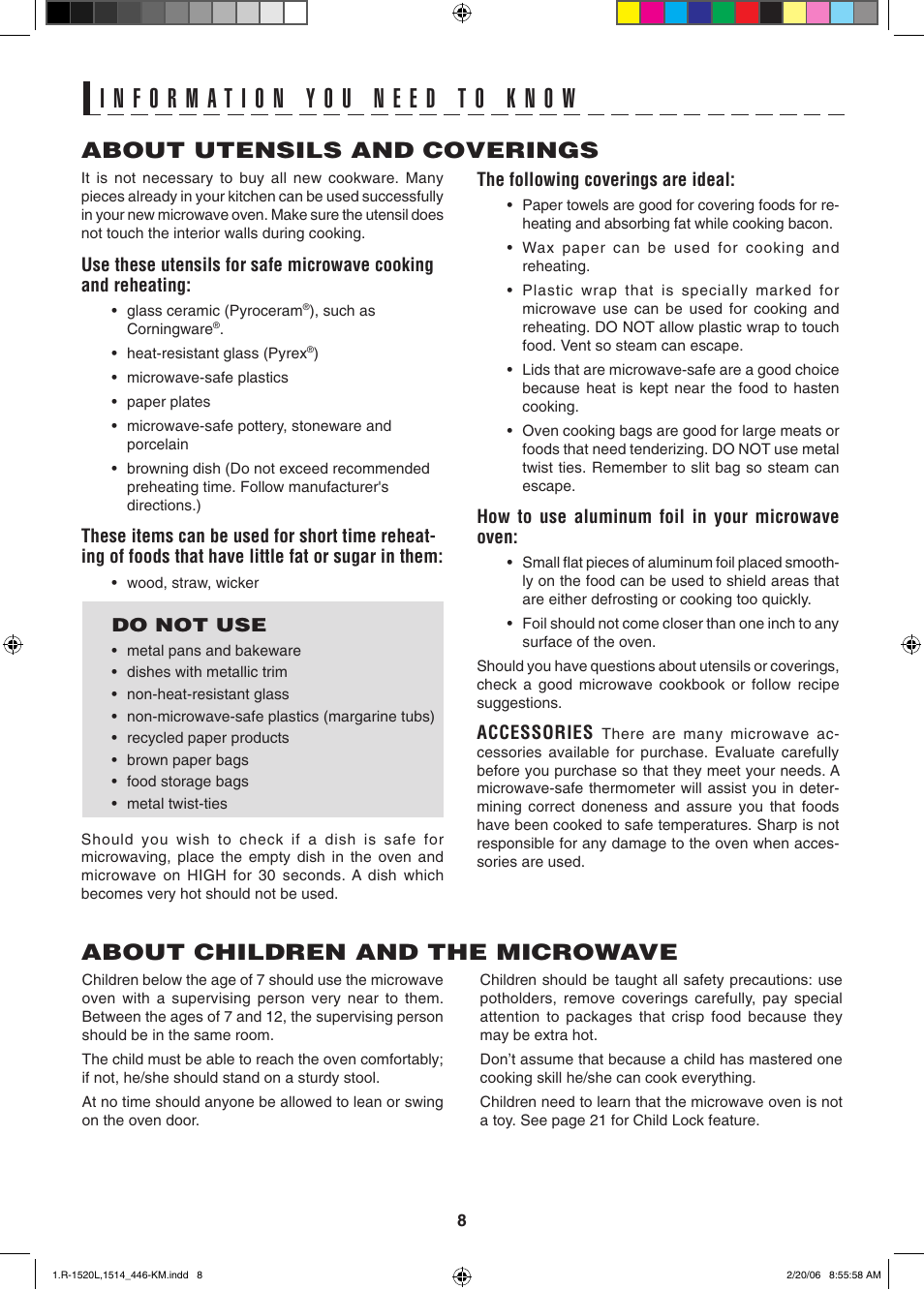 About utensils and coverings, About children and the microwave | Sharp R-1520L User Manual | Page 8 / 32
