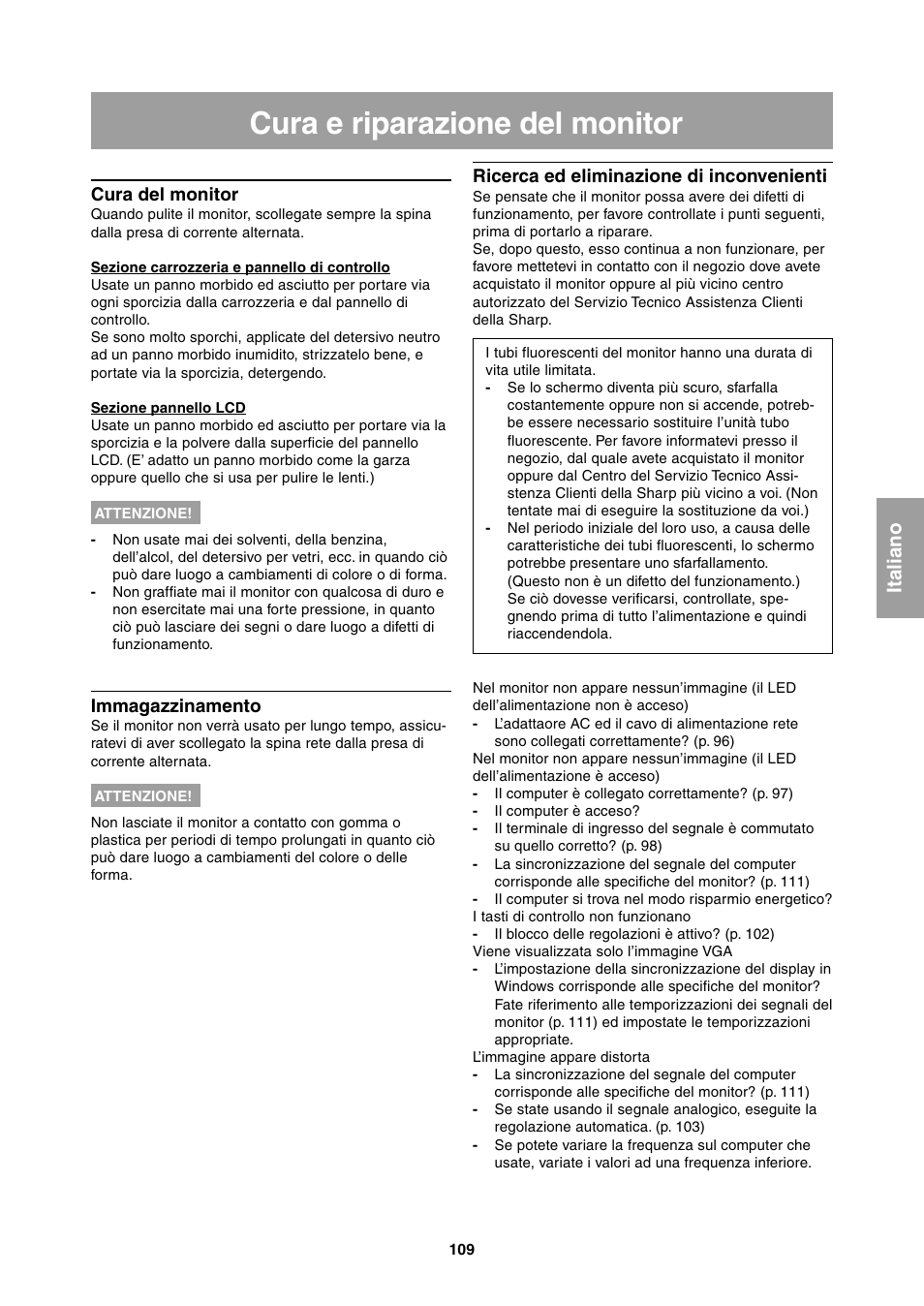 Cura e riparazione del monitor | Sharp LL-T1811W User Manual | Page 109 / 144