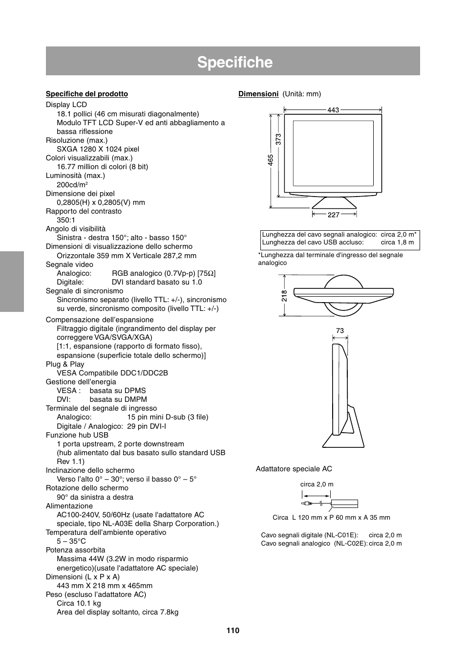 Specifiche | Sharp LL-T1811W User Manual | Page 110 / 144