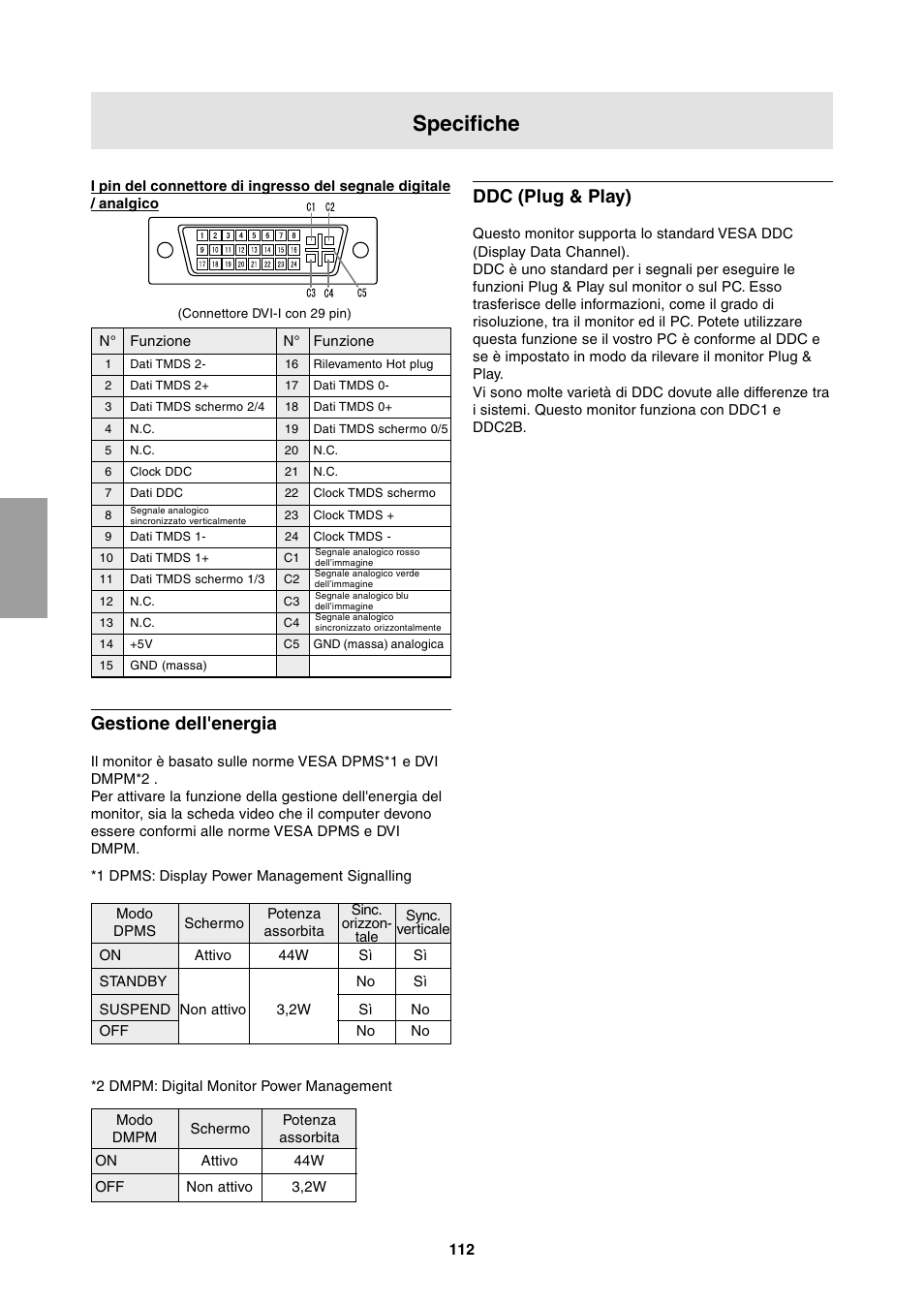 Specifiche, Gestione dell'energia, Ddc (plug & play) | Sharp LL-T1811W User Manual | Page 112 / 144