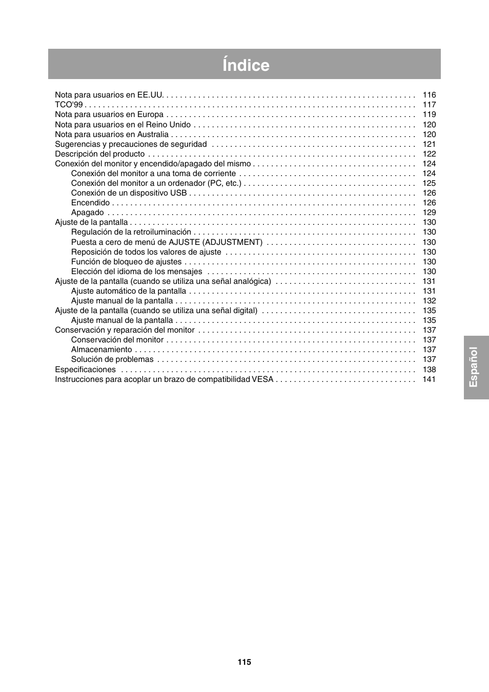 Índice, Español | Sharp LL-T1811W User Manual | Page 115 / 144