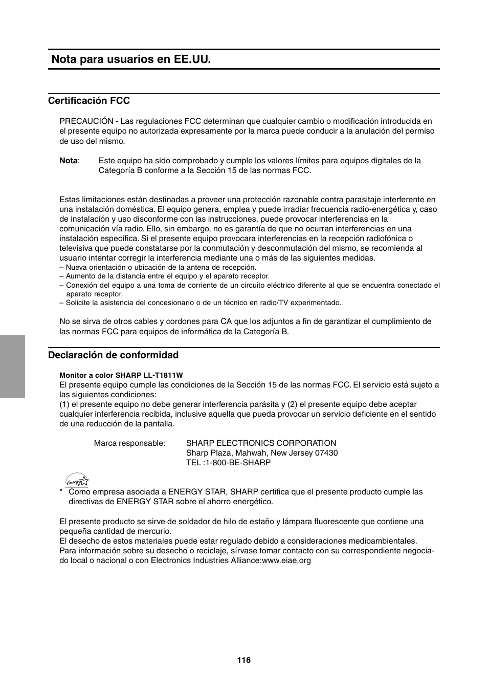 Nota para usuarios en ee.uu | Sharp LL-T1811W User Manual | Page 116 / 144