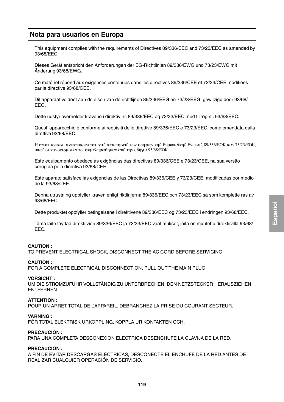 Nota para usuarios en europa, Español | Sharp LL-T1811W User Manual | Page 119 / 144