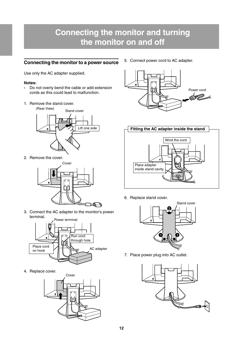 Connecting the monitor to a power source | Sharp LL-T1811W User Manual | Page 12 / 144