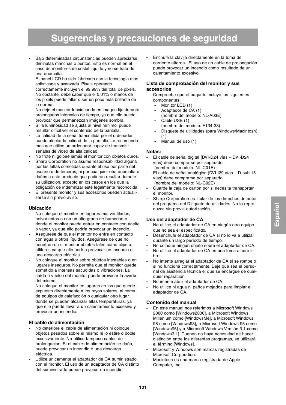 Sugerencias y precauciones de seguridad, Español | Sharp LL-T1811W User Manual | Page 121 / 144
