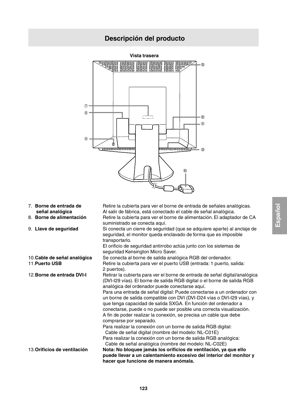 Descripción del producto, Español | Sharp LL-T1811W User Manual | Page 123 / 144