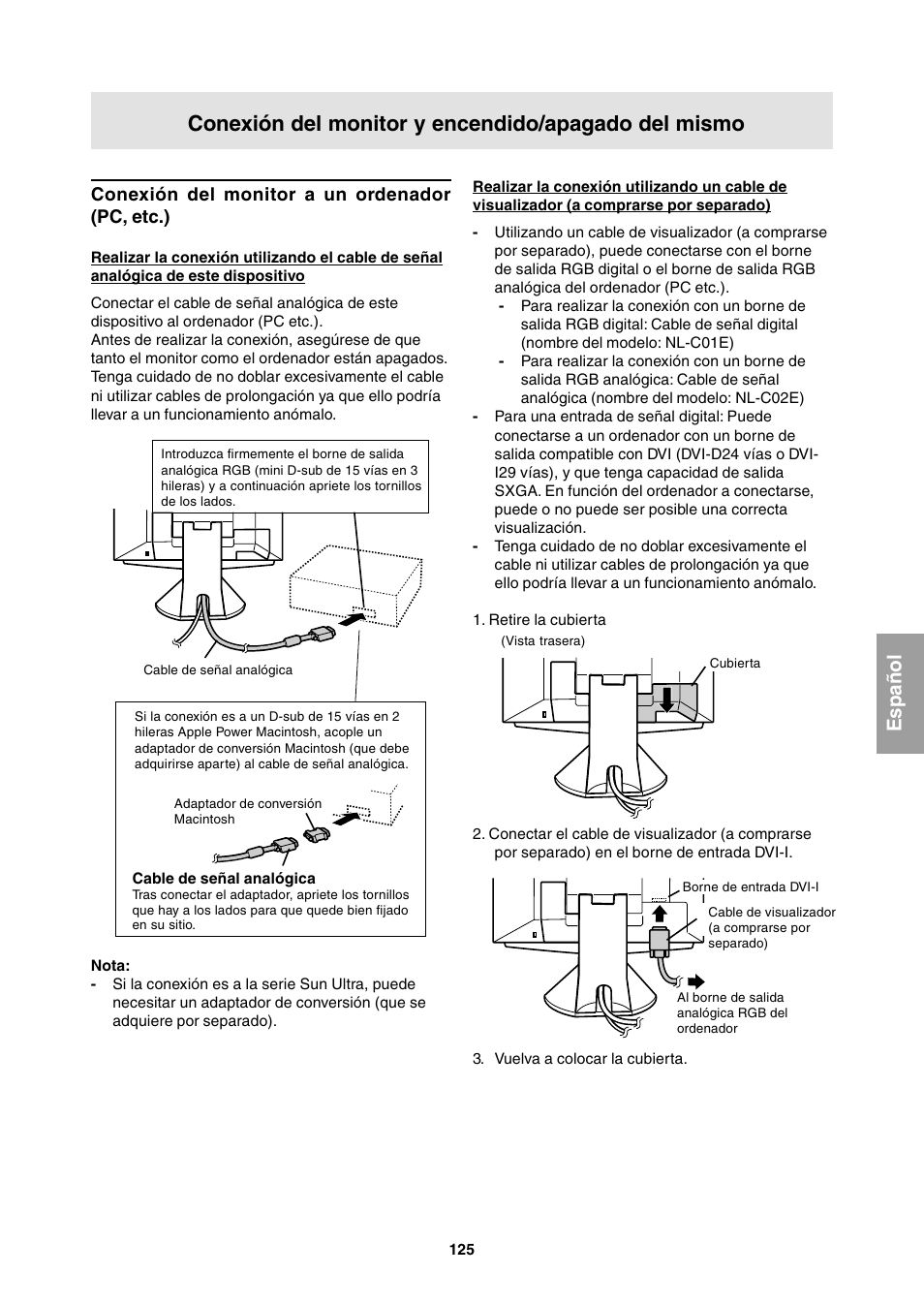 Conexión del monitor y encendido/apagado del mismo, Español, Conexión del monitor a un ordenador (pc, etc.) | Sharp LL-T1811W User Manual | Page 125 / 144