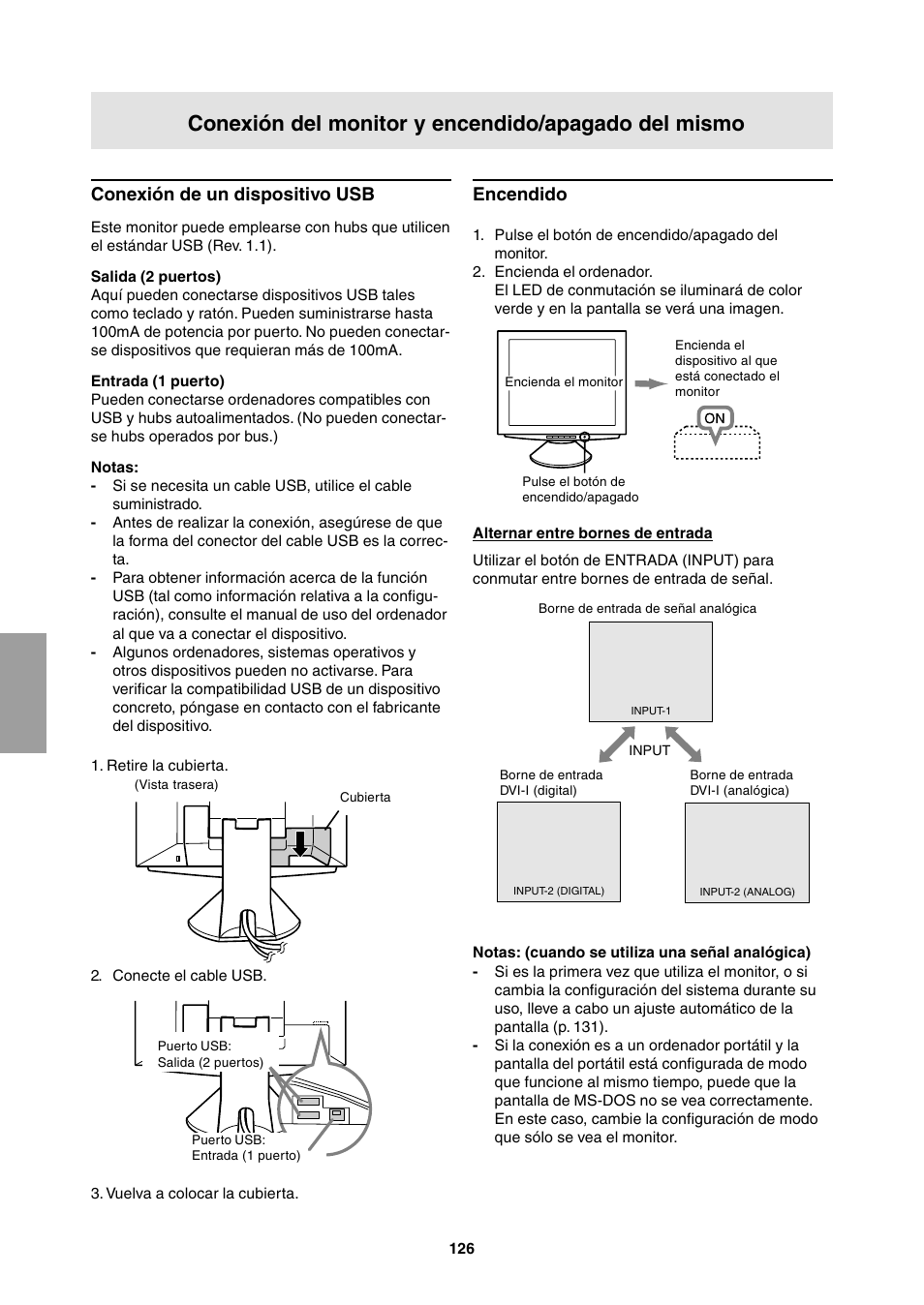 Conexión del monitor y encendido/apagado del mismo, Encendido, Conexión de un dispositivo usb | Sharp LL-T1811W User Manual | Page 126 / 144