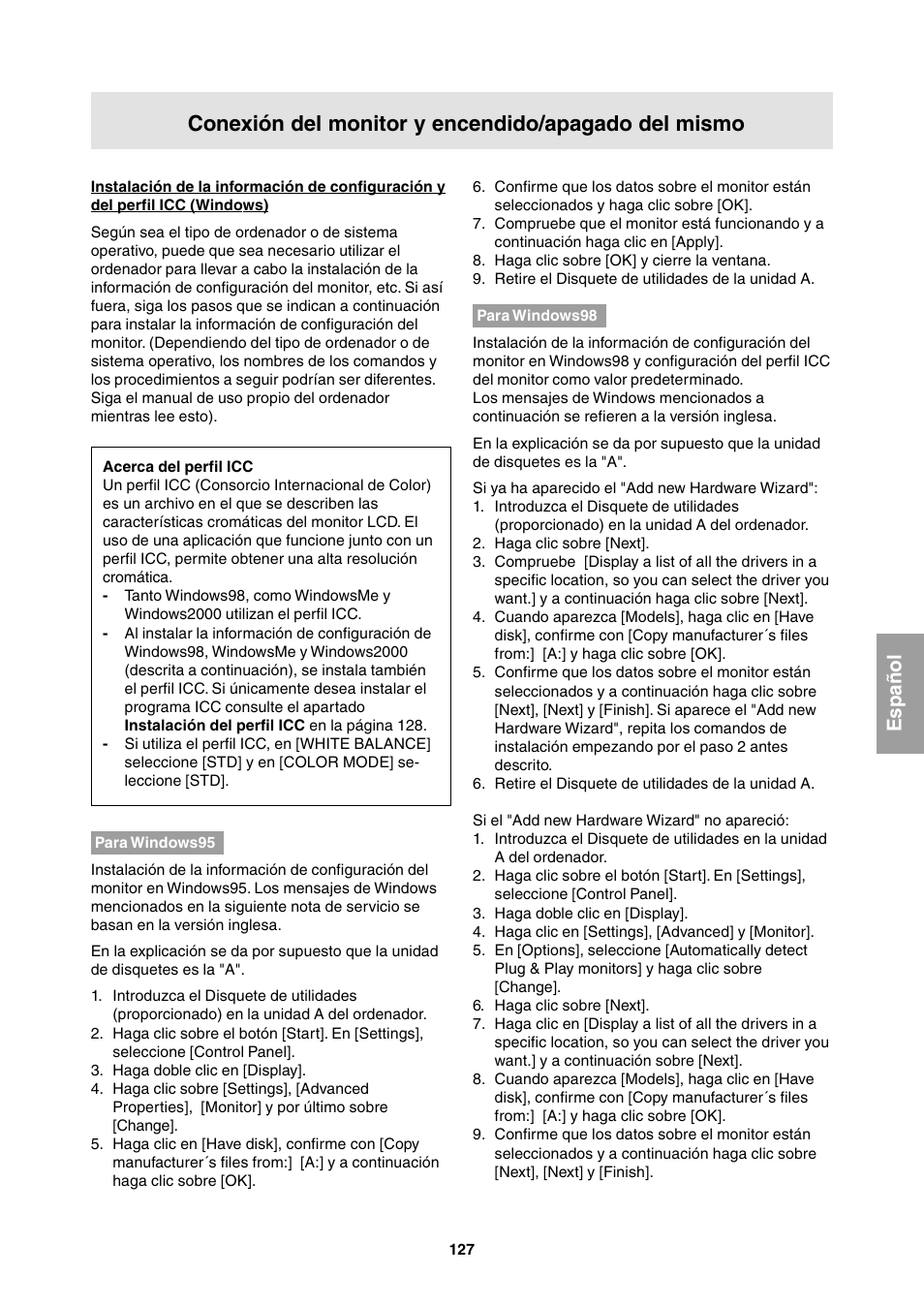 Conexión del monitor y encendido/apagado del mismo, Español | Sharp LL-T1811W User Manual | Page 127 / 144
