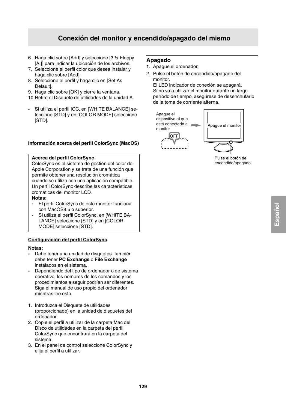 Conexión del monitor y encendido/apagado del mismo, Español, Apagado | Sharp LL-T1811W User Manual | Page 129 / 144