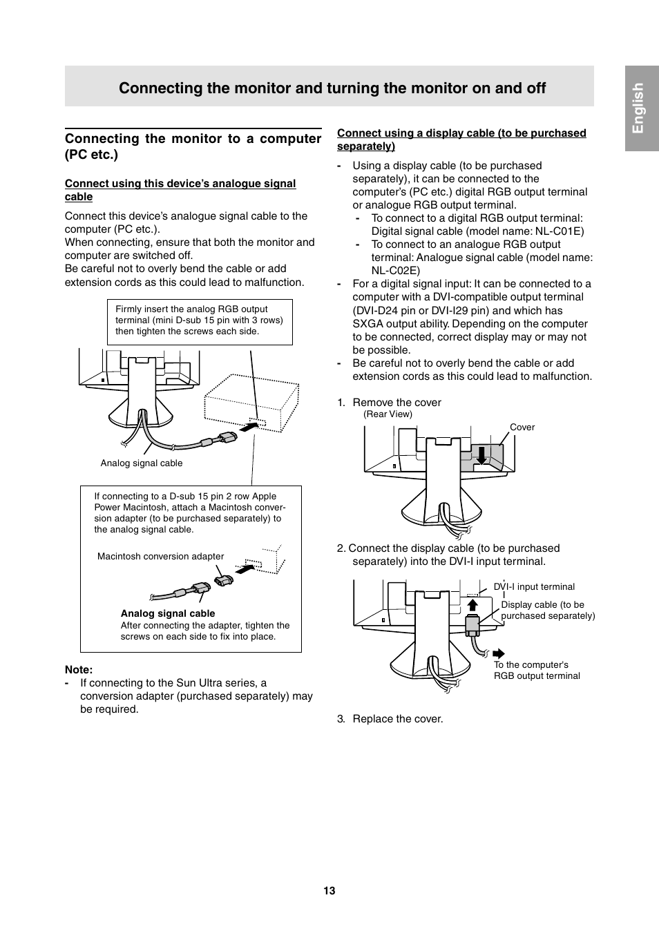 English, Connecting the monitor to a computer (pc etc.) | Sharp LL-T1811W User Manual | Page 13 / 144