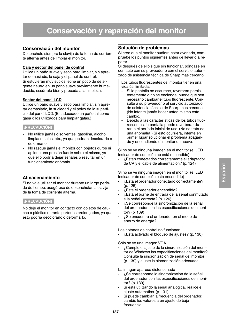 Conservación y reparación del monitor, Español | Sharp LL-T1811W User Manual | Page 137 / 144