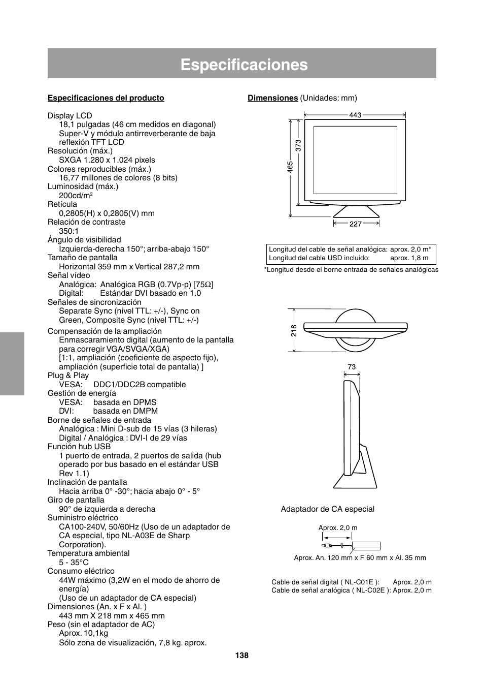 Especificaciones | Sharp LL-T1811W User Manual | Page 138 / 144