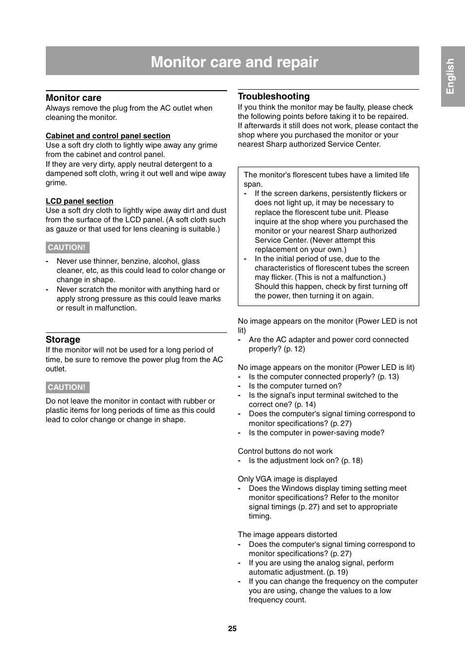 Monitor care and repair, English | Sharp LL-T1811W User Manual | Page 25 / 144