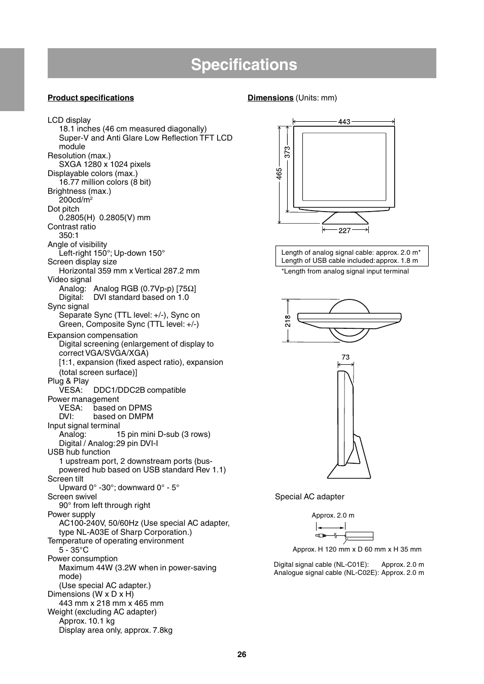 Specifications | Sharp LL-T1811W User Manual | Page 26 / 144