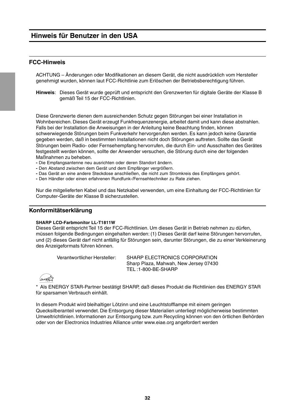 Hinweis für benutzer in den usa | Sharp LL-T1811W User Manual | Page 32 / 144