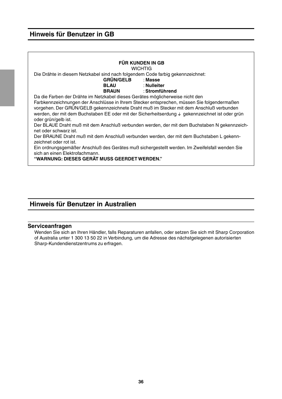 Hinweis für benutzer in gb, Hinweis für benutzer in australien | Sharp LL-T1811W User Manual | Page 36 / 144