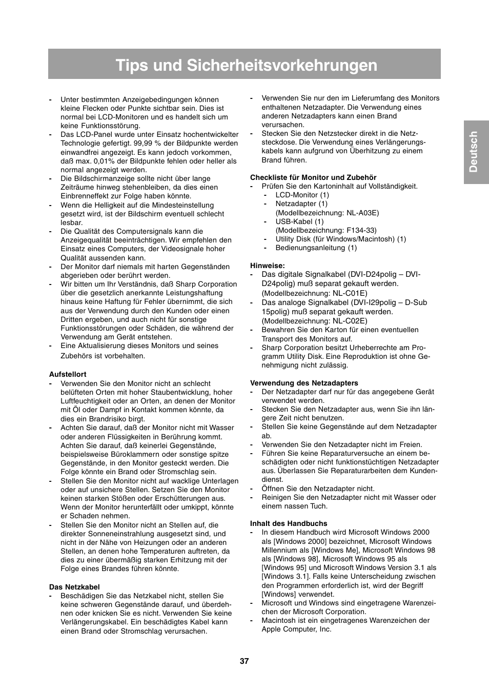 Tips und sicherheitsvorkehrungen | Sharp LL-T1811W User Manual | Page 37 / 144