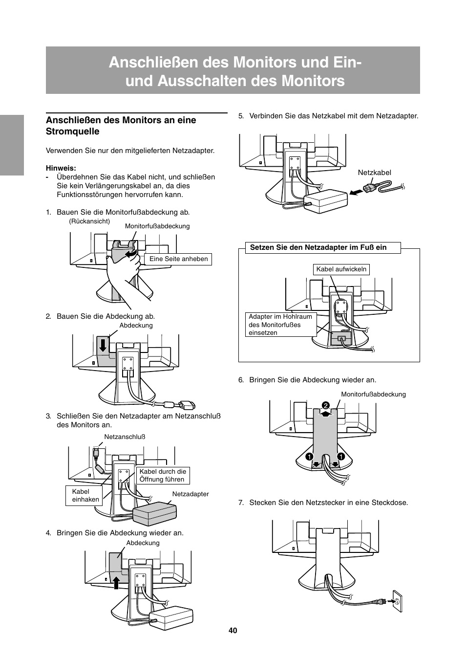 Anschließen des monitors an eine stromquelle | Sharp LL-T1811W User Manual | Page 40 / 144